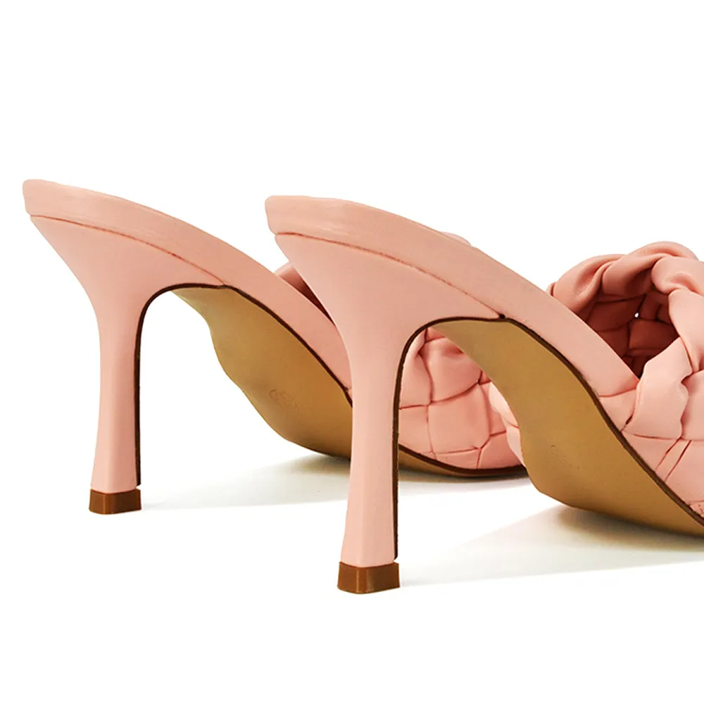 True Woven Strap Square Toe Mule High Heel Sandals in Pink Synthetic Leather