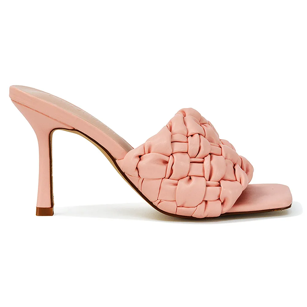 True Woven Strap Square Toe Mule High Heel Sandals in Pink Synthetic Leather
