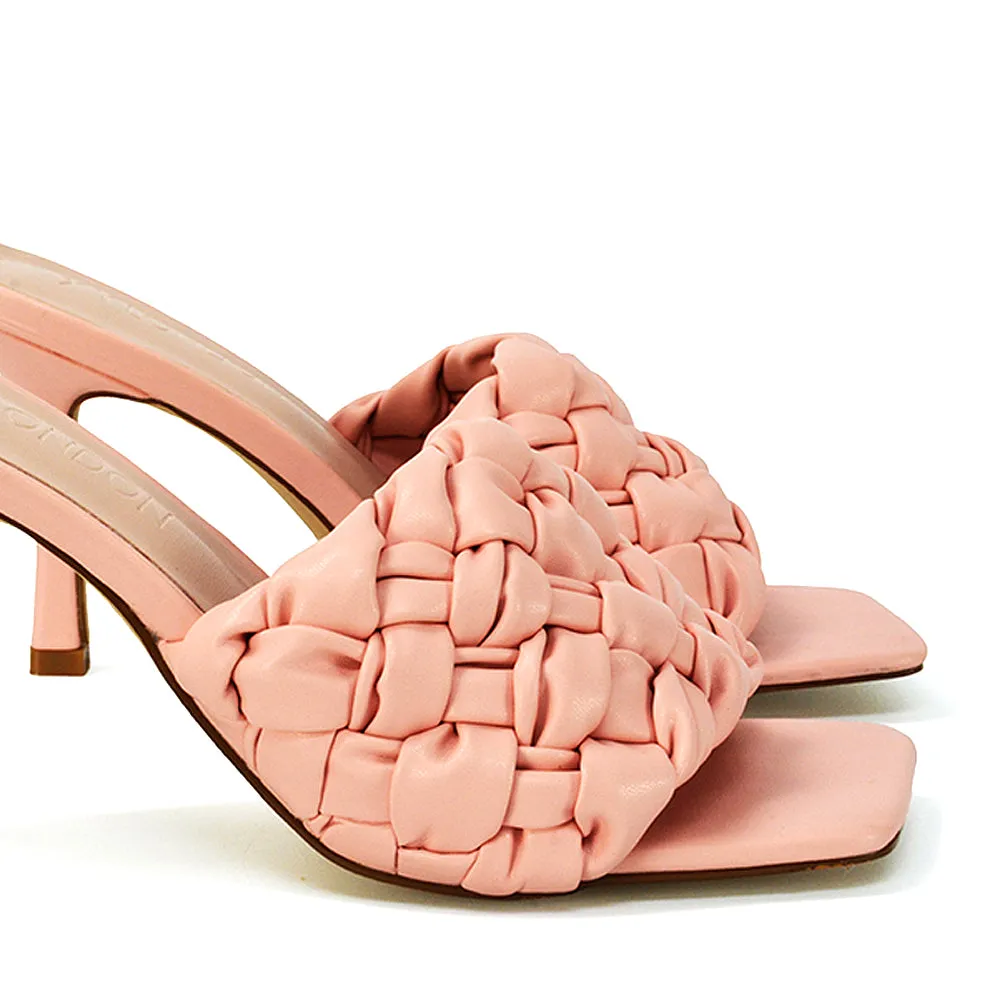 True Woven Strap Square Toe Mule High Heel Sandals in Pink Synthetic Leather