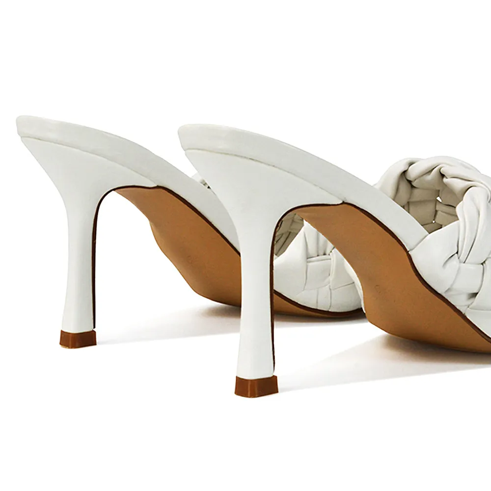 True Woven Strap Square Toe Mule High Heel Sandals in White Synthetic Leather