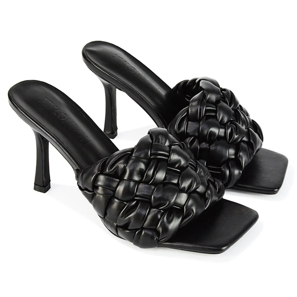 True Woven Strap Square Toe Mule High Heel Sandals in White Synthetic Leather