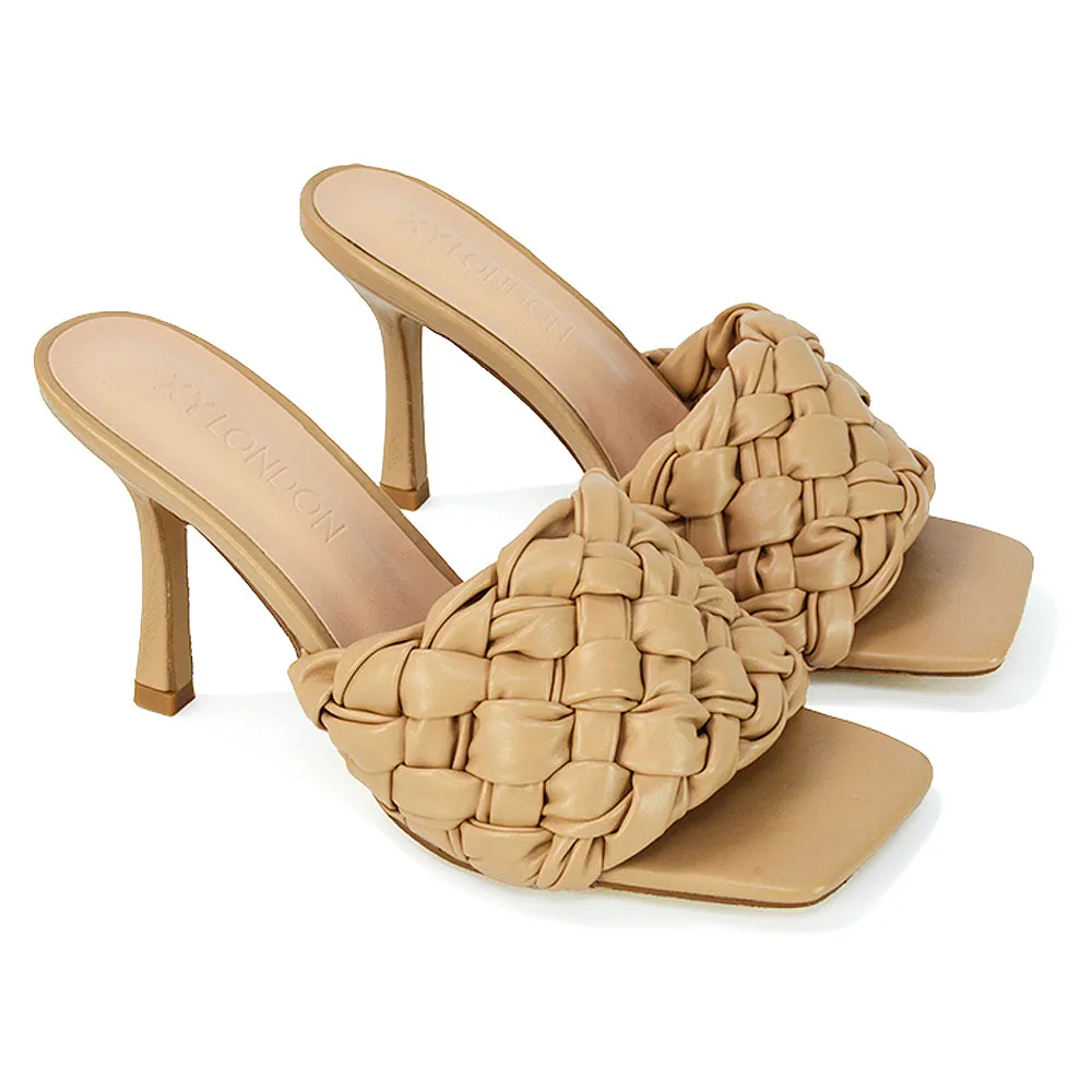 True Woven Strap Square Toe Mule High Heel Sandals in White Synthetic Leather