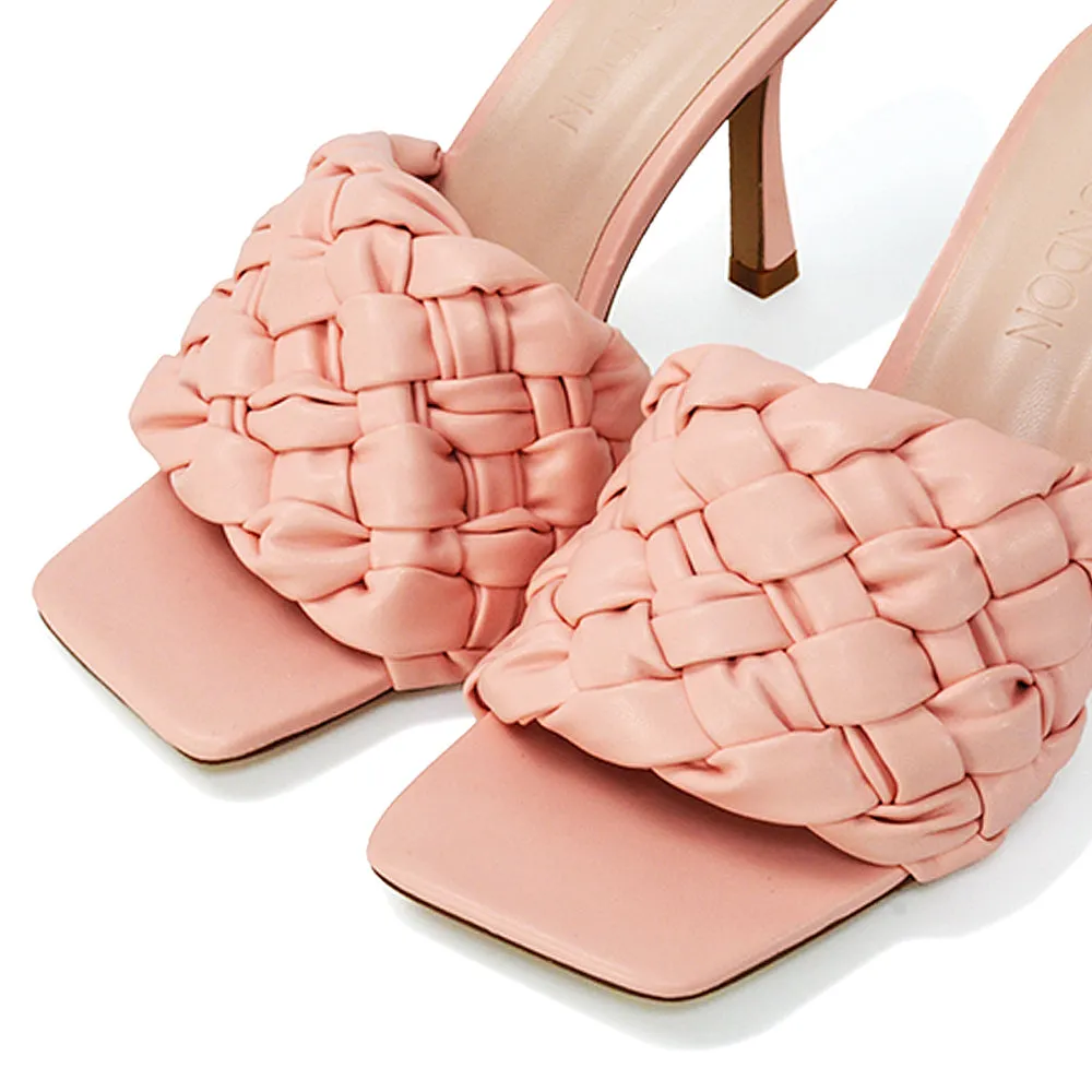 True Woven Strap Square Toe Mule High Heel Sandals in White Synthetic Leather