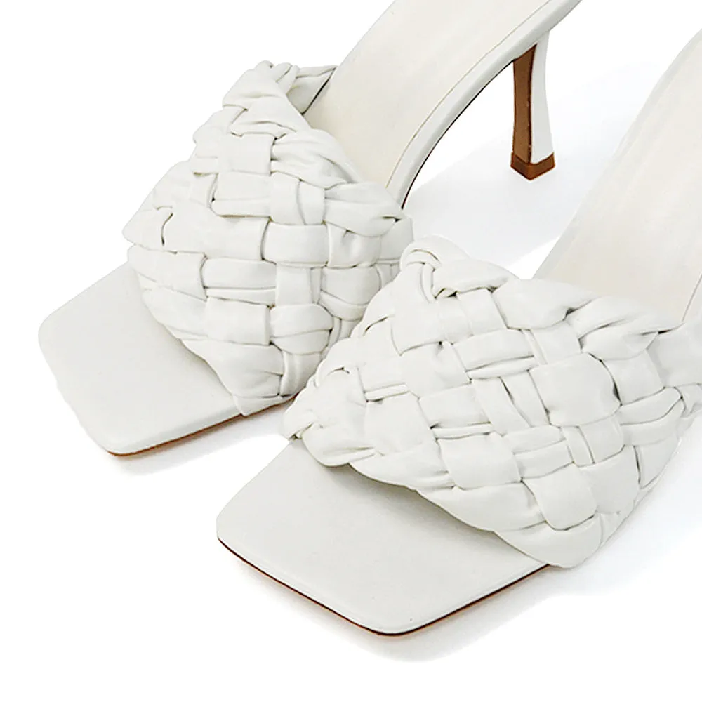 True Woven Strap Square Toe Mule High Heel Sandals in White Synthetic Leather