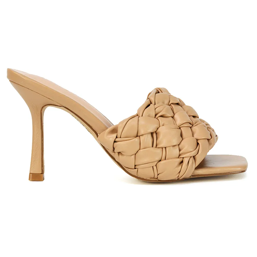 True Woven Strap Square Toe Mule High Heel Sandals in White Synthetic Leather