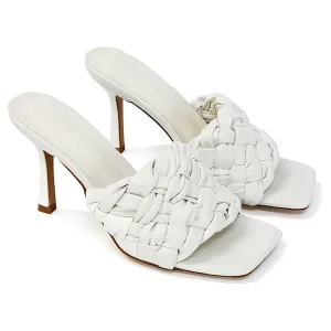 True Woven Strap Square Toe Mule High Heel Sandals in White Synthetic Leather
