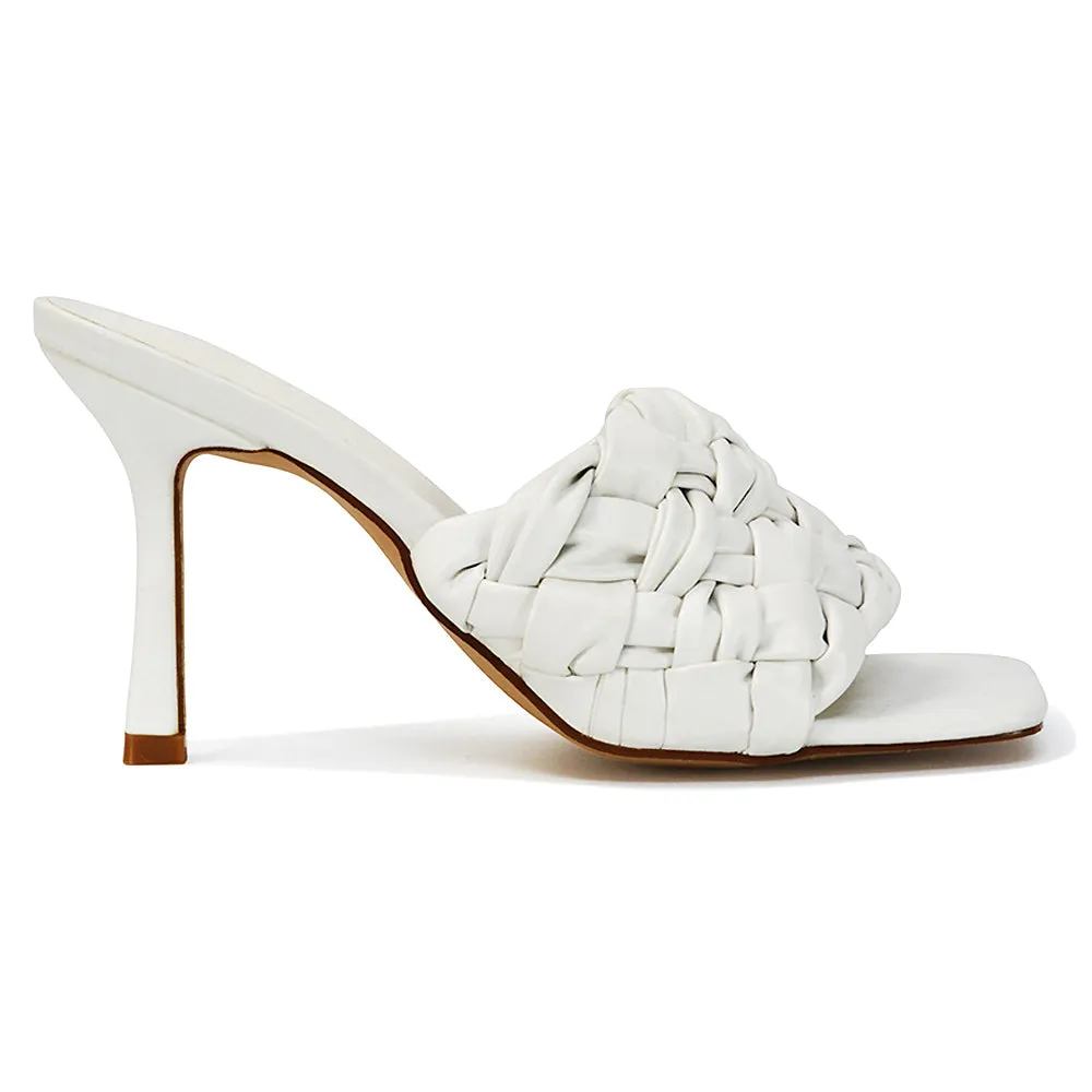 True Woven Strap Square Toe Mule High Heel Sandals in White Synthetic Leather