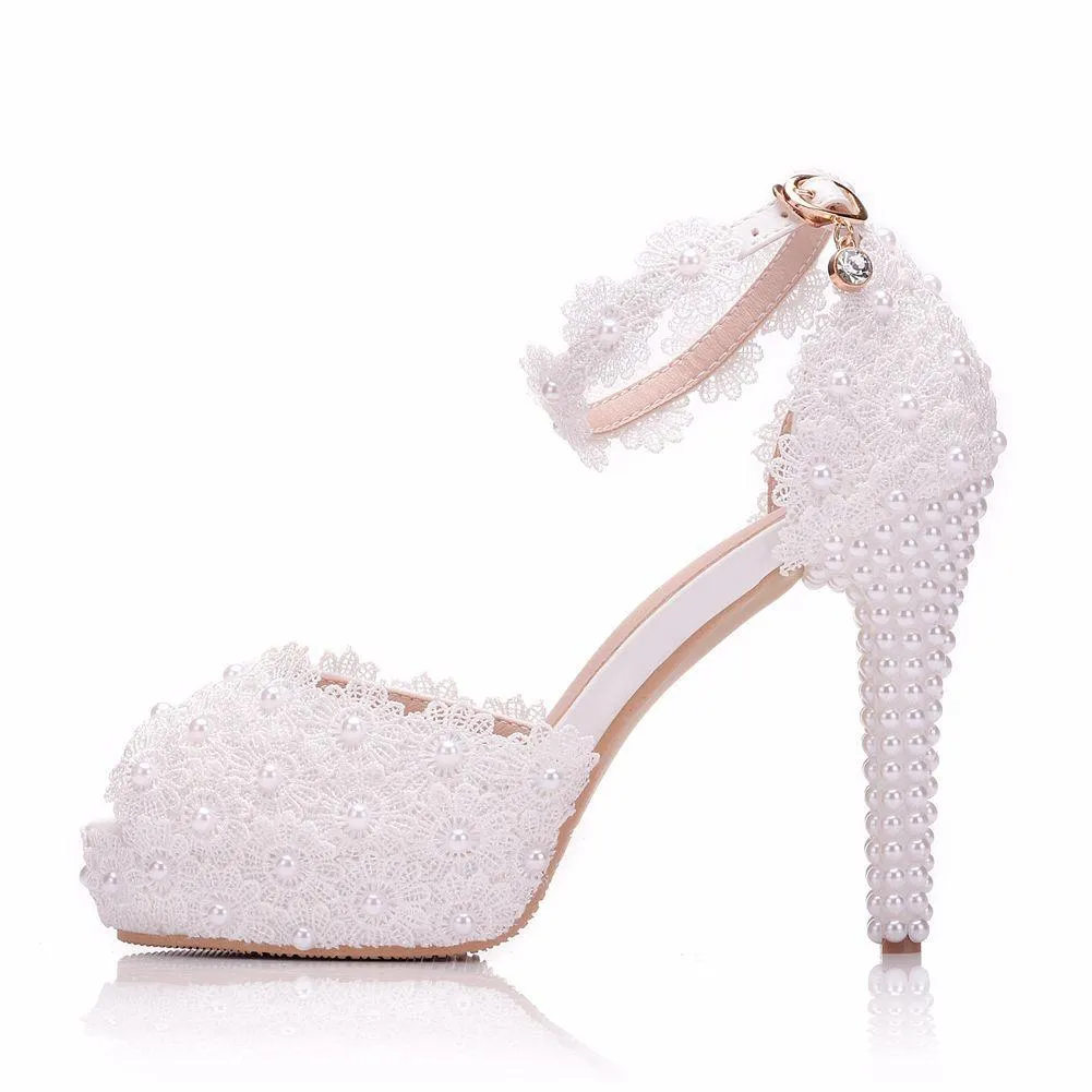 Women's white flroal lace pearls peep toe bridal shoes 4 inch